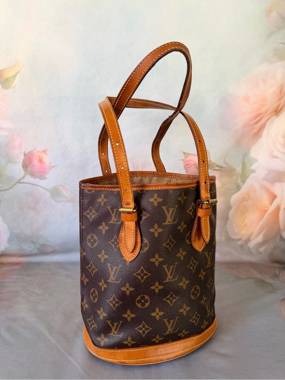 Louis Vuitton Brown Monogram Canvas Petite Bucket Tote with Tan Trim